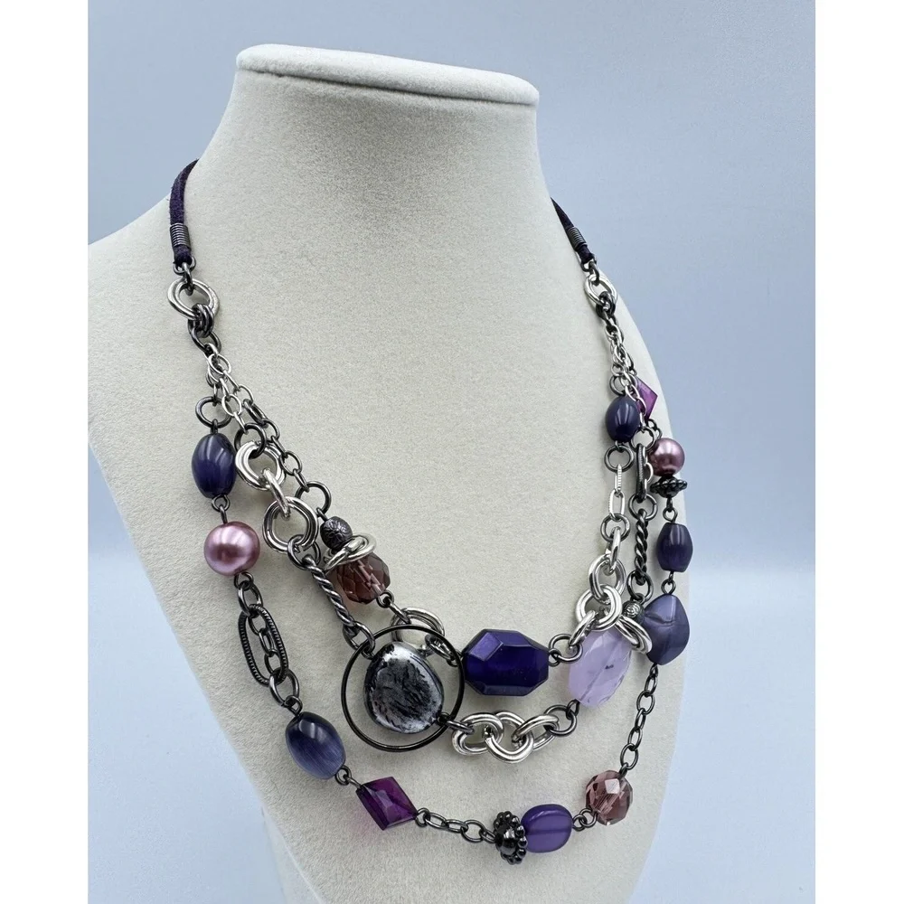 Lia Sophia Purple Haze Multi Strand Glass Cats Eye Acrylic Beaded Necklace
